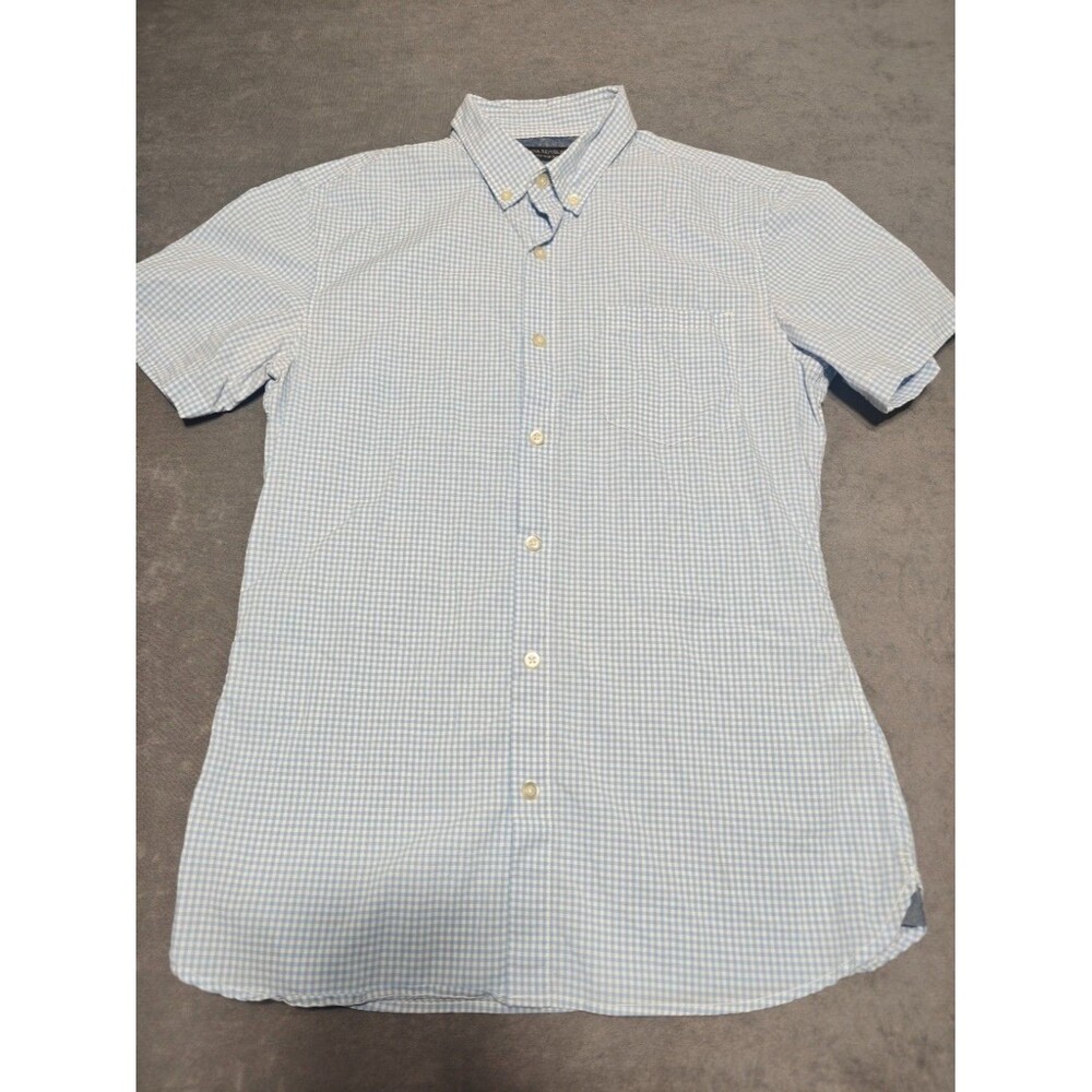 Banana Republic Men's Small Grant Fit Blue White Gingham Short Sleeve Button Up